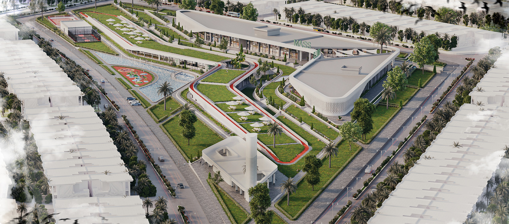 Aerial view of the Mass Hills master plan: villa streets around a central park, water feature and retail promenade